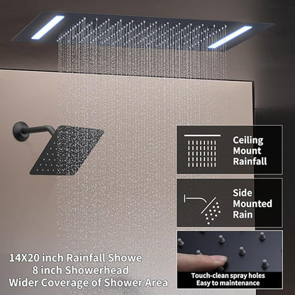 Digital Display Shower Faucet Set Matte Black Shower System with 14X20 inch Ceiling Mounted Shower Head and 8 inch Wall Mounted Shower Head Combo, Handheld Shower