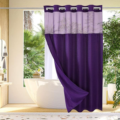 Gibelle Long Shower Curtain 72x80, Waffle Weave Bathroom Shower Curtain with Snap-in Fabric Liner Set, No Hooks Needed, Hotel Style with Mesh Top Window, Purple