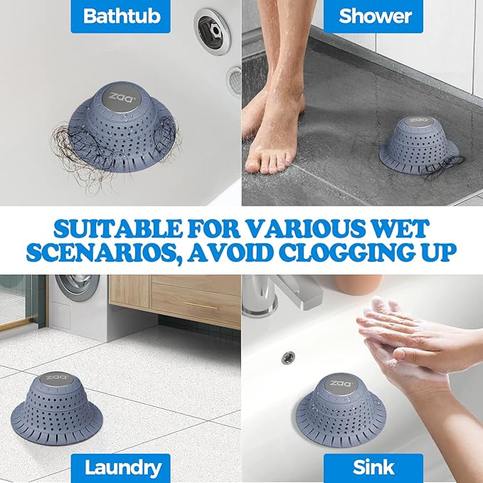 zaa Bathtub Drain Hair Catcher, Premium Silicone Collapsible 2 Pack Drain Protector for Pop-Up & Regular Drains of Shower, Bathtub, Tub, Bathroom, Sink, Blue