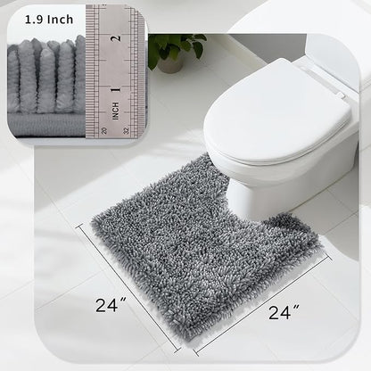 Yimobra Toilet Rugs U Shaped Washable, Extra Thick Soft Absorbent Chenille Contour Bathroom Rugs for Toilet 24x24 Inch, Quick Dry Non Slip Toilet Mat for Bath Floor, Silver