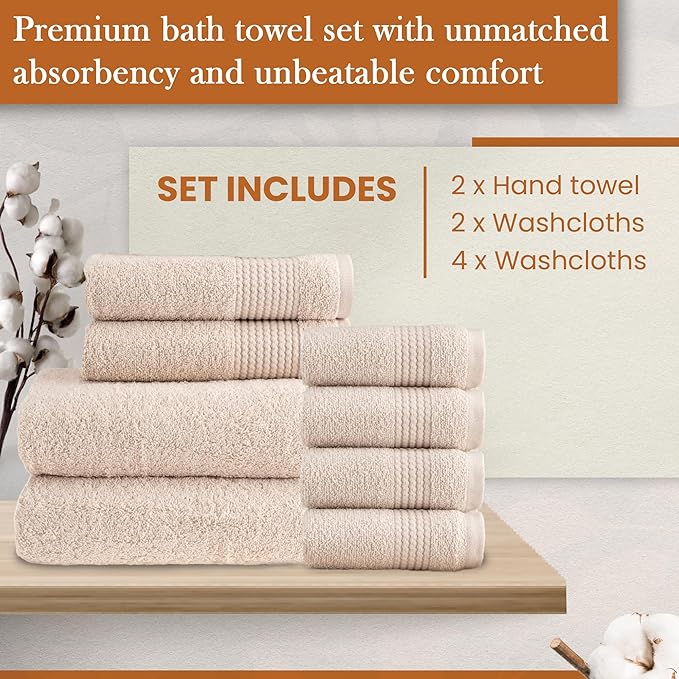 HALLEY Turkish Cotton Towels (Set of 8) 2 Bath Towels 2 Hand Towels 4 Washcloths, Super Soft Highly Absorbent 100% Cotton Towels for Bathroom and Kitchen for Mother’s Day (Ivory White)