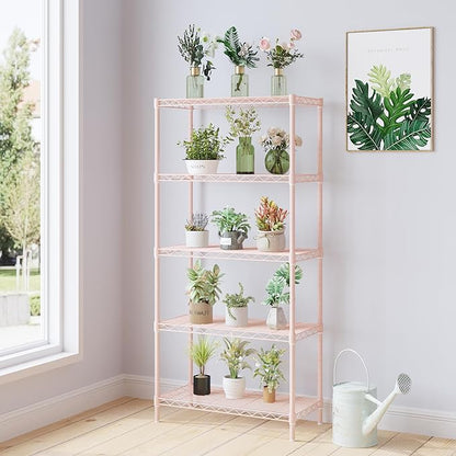 5 Tier Storage Racks Shelving, Heavy Steel Pantry Shelves, Adjustable Wire Shelving Rack, Suitable for Garage, Kitchen, Bathroom, Office, 29" W x 13.4" D x 59" H, Pink