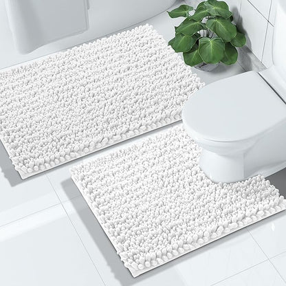 Yimobra Bathroom Rugs Sets 2 Piece - Quick Dry Extra Thick Luxury Chenille Bath Mat, Non Slip Super Absorbent for Tub Shower Sink, Machine Washable Shaggy Floor Mat, 32"x20"+24"x20" Inch, White