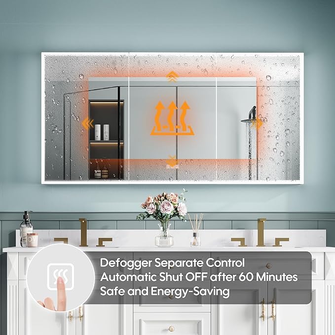 WELLFOR 60" X 30" LED Mirrored Bathroom Cabinet with 3X Magnification Makeup Mirror, Medicine Cabinet with Defog Mirror, Dimmer, Outlets & USB Ports, Bathroom Mirrored Cabinet with Three Opening Doors