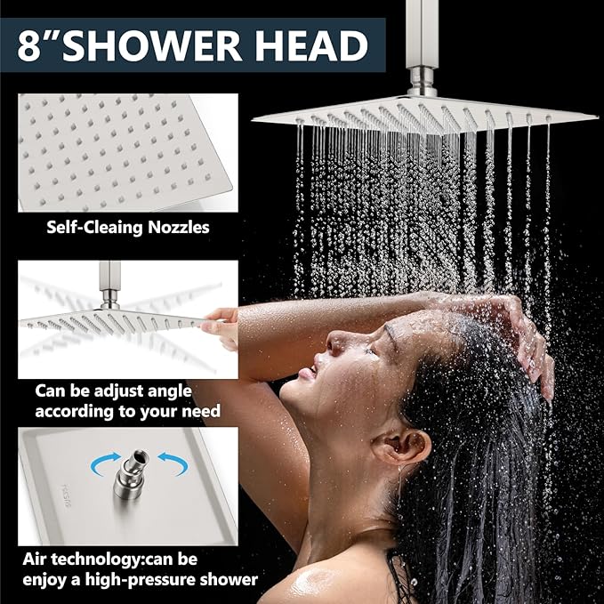 Aolemi Ceiling Mount Shower System Rain Shower Head with Handheld Spray High Pressure Shower Faucet Set Rough-in Valve Shower Trim Kit Included Bathroom Brushed Nickel 8 Inch Ceiling Shower Head