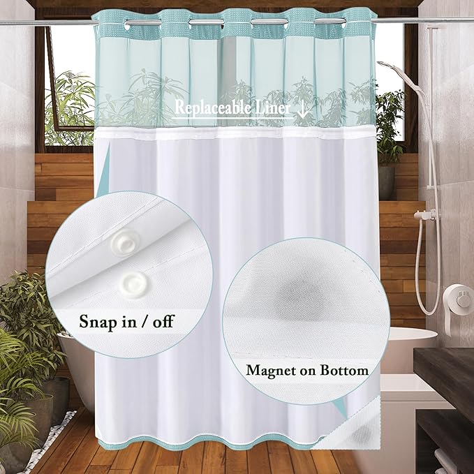 Gibelle Extra Long Shower Curtain 72x86, Waffle Weave Bathroom Shower Curtain with Snap-in Fabric Liner Set, No Hooks Needed, Hotel Style with Mesh Top Window, Teal