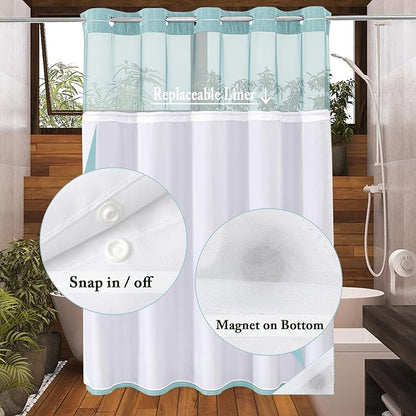 Gibelle Long Shower Curtain 72x80, Waffle Weave Bathroom Shower Curtain with Snap-in Fabric Liner Set, No Hooks Needed, Hotel Style with Mesh Top Window, Teal