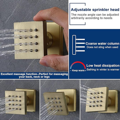 Thermostatic Shower System with 14x20 Inch Ceiling Mount LED Head & 6 Inch Wall Head and Handheld Shower 4 Function Vale with body jets Can All Run Together,Brushed Gold