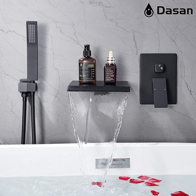 Upgraded Wall Mount Tub Filler Faucet with Handheld Shower, DASAN Modern Wall Mounted Bathtub Faucet Matte Black High Flow Waterfall Tub Faucet with Rough in Valve, SA-TF04WH-MB