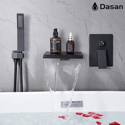 Upgraded Wall Mount Tub Filler Faucet with Handheld Shower, DASAN Modern Wall Mounted Bathtub Faucet Matte Black High Flow Waterfall Tub Faucet with Rough in Valve, SA-TF04WH-MB