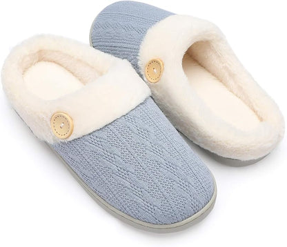 Chantomoo Womens Slipper Warm Comfy Memory Foam House Slippers Knitted Shoes Faux Fur Lined Anti-Skid Rubber Sole Bedroom Cozy Indoor Outdoor Slippers