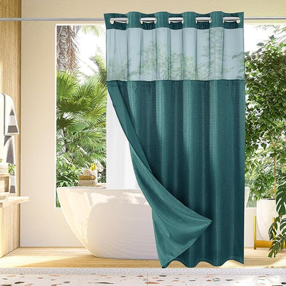 Gibelle No Hook Waffle Weave Shower Curtain with Snap-in Fabric Liner Set for Bathroom, Hotel Style with Mesh Top Window, Waterproof & Washable, Seaweed Green, 72x74