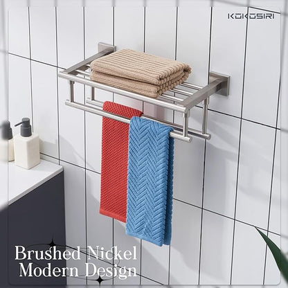 KOKOSIRI Towel Shelf with Double Towel Bars 16 Inches Bathroom Towel Rack Towel Holder Wall Mounted Stainless Steel, Brushed Nickel, B6005BR-L16