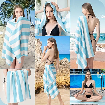 Touchat 4 Pack Cabana Stripe 250GSM Polyester Lightweight Quick-Dry Beach Towel & Blanket Combo- 30'' x 60'' Compact Travel Towel for Pool, Camping, Gym, Yoga | Ultra-Portable, Multi-Functional，Blue
