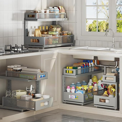 2 Pack 18.5IN-Depth Under Sink Organizer With Next-Gen Ball-Bearing Slides,2-Tier Pull Out Cabinet Storage,Height Adjustable Drawer Shelf for Bathroom,Kitchen,Laundry,Cabinet,Pantry-Gun Gray