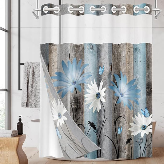 No Hook Rustic Farmhouse Shower Curtain with Snap in Fabric Liner Set, Blue Daisy Flowers and Butterfly on Wooden Double Layers Waterproof with See Through Top Bath Curtain 54x80 Inch