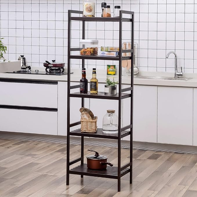 SONGMICS Adjustable Storage Shelf Rack, 5-Tier Multifunctional Shelving Unit Stand Tower, Bookcase for Bathroom Living Room Kitchen 17.7 x 12.4 x 55.9 inches, Holds up to 132 lb, Brown UBCB75BR