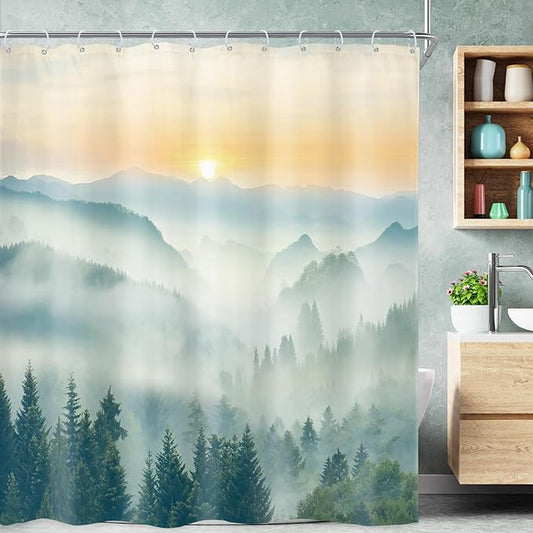 Riyidecor Extra Long Mountain Shower Curtain 72Wx78H Inch Green Yellow Sunset Sunrise Misty Scenery Landscape Nature Woodland Greenery View Bathroom Decor Fabric Polyester Waterproof 12 Pack Hooks