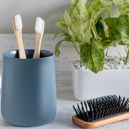 Matte Blue Toothbrush and Toothpaste Holder and Cup for Bathroom Vanity and Countertop, Round Organizer for Electric Toothbrushes, Floss, Razors, Cotton, and Mouthwash