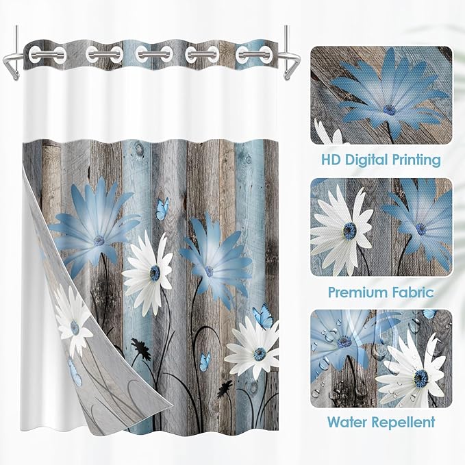 No Hook Rustic Farmhouse Shower Curtain with Snap in Fabric Liner Set, Blue Daisy Flowers and Butterfly on Wooden Double Layers Waterproof with See Through Top Bath Curtain 54x80 Inch