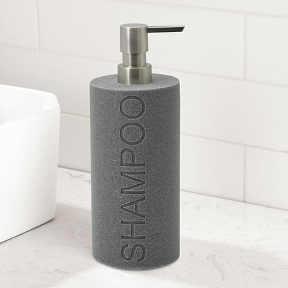 Resin Neutral Gray Sandstone Shampoo Engraved Bottle Refillable Pump Dispenser, Durable Waterproof Resin Construction for Bath, Shower - Gray Sandstone Satin Nickel Pump