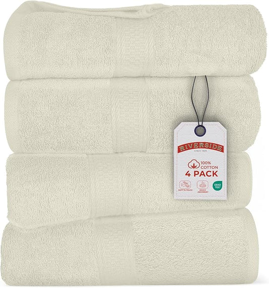 RIVERSIDE 100% Ring Spun Cotton Large Bath Towels Set of 4, 27 x 54 Inches – Quick Dry, Soft & Highly Absorbent Towels for Shower & Bathroom – Luxury 600 GSM Towels for Home, Spa, Gym, Cannoli Cream
