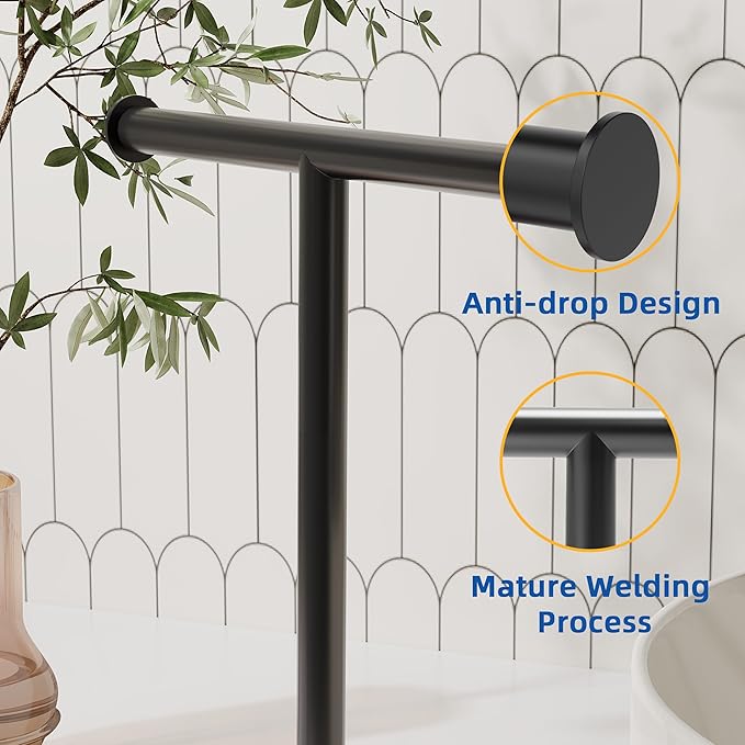 RUACQ T-Shape Hand Towel Holder Stand, Weighted Base Towel Rack, Countertop Towel Holder for Bathroom, 304 Stainless Steel, Heavy Duty (Matte Black)