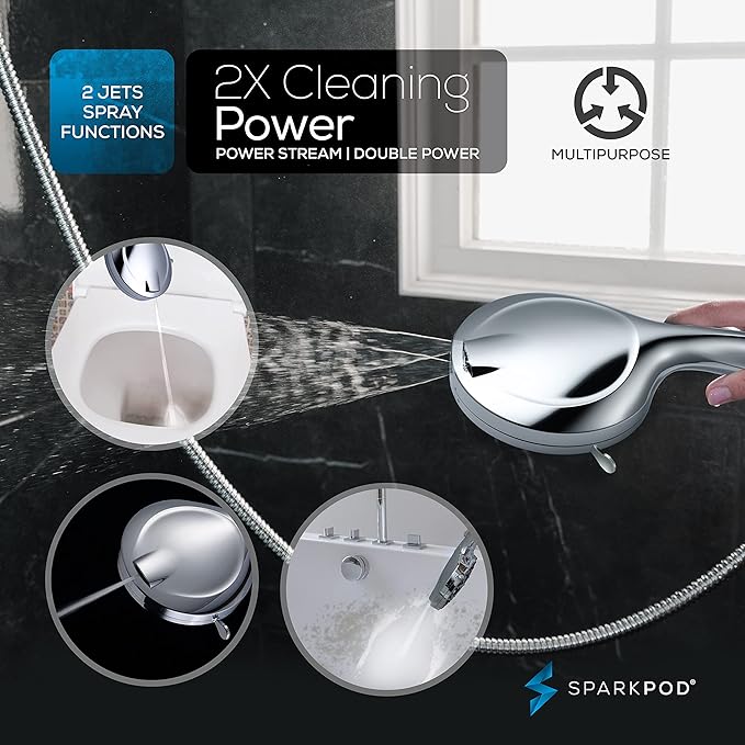SparkPod 10-Mode Handheld Shower Head with Filter - 5" High Pressure Filtered Shower Head with Touch-to-Clean Nozzles, Built-In Power Jet, Stainless Steel 6ft Hose & Bracket (Polished Chrome)