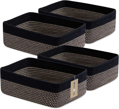 Large Shallow Organizing Baskets 15x11x5.1 Inches - Rope Woven Storage Bins for Bathroom, Shelves, Cube Closet, Black Woven Brown 4 Packs