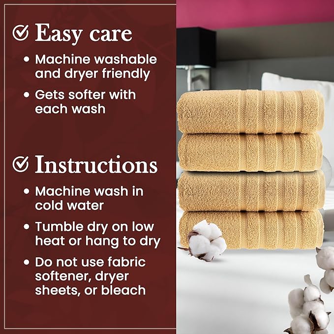 HALLEY Turkish 4 Pack Premium Bath Towels (4 Pieces) 650 GSM Highly Absorbent Super Soft 100% Cotton - 4 Bath Towels (Yellow)