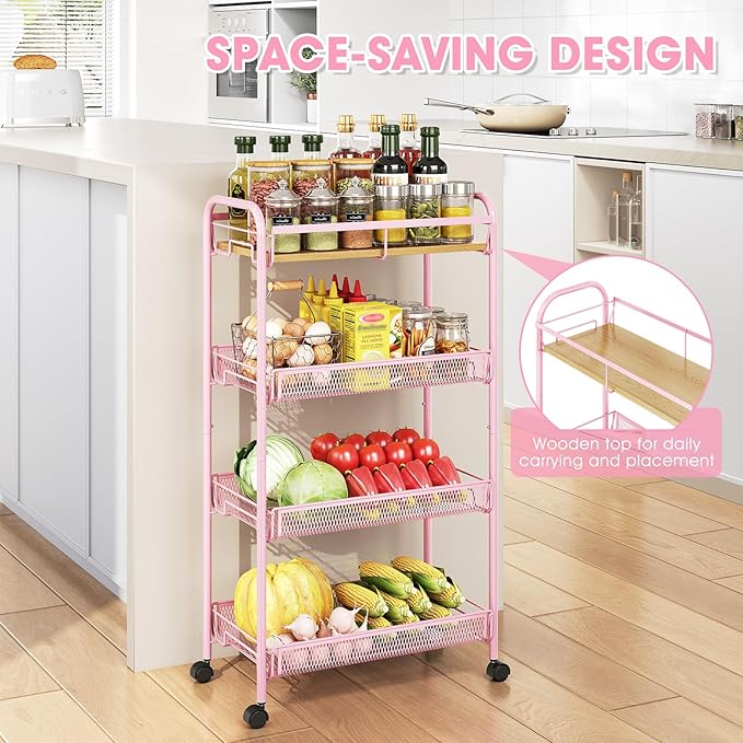 TOOLF 4-Tier Slim Rolling Cart, Metal Storage Cart with Wooden Tabletop and Mesh Baskets for Narrow Space on Kitchen Bathroom Laundry Room Bedroom Apartments Dormitory