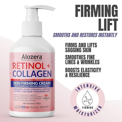 Alozera Skin Firming Retinol Collagen Body Lotion with Stem Cells for Aging Skin and Wrinkles, Non-Greasy, Lightweight Moisturizer, Fragrance-Free, 16.9 oz