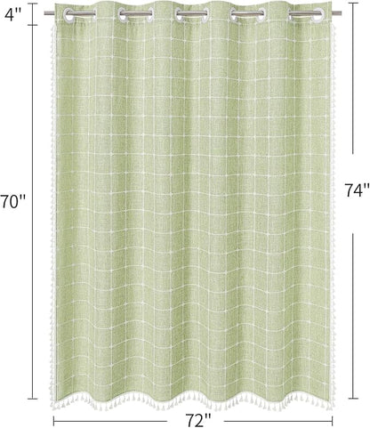 MitoVilla No Hooks Needed Boho Farmhouse Shower Curtain with Snap-in Liner, Cotton Linen Fabric Shower Curtains with Tassels for Rustic Neutral Bathroom Decor, Sage Green, 72 x 74