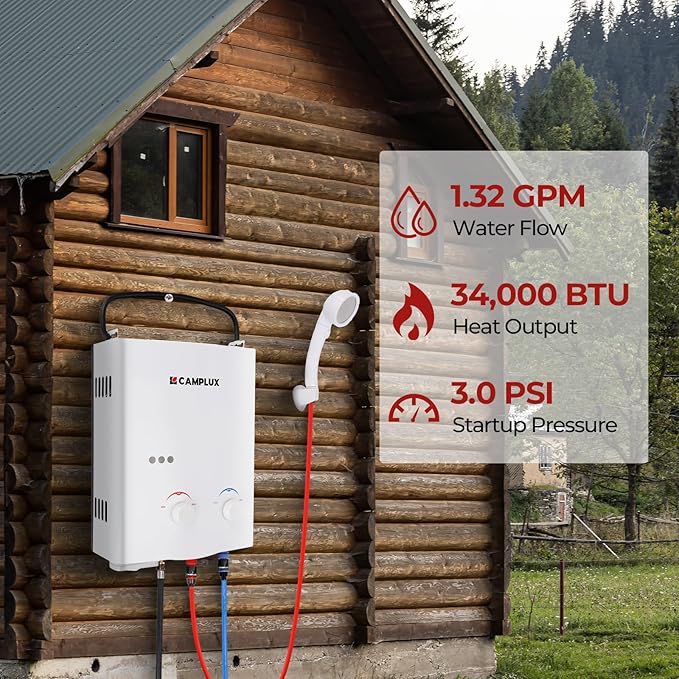 CAMPLUX Propane Tankless Water Heater Outdoor, 1.32 GPM Camping Portable Water Heater with Pump Pack Kits, 5L, AY132P43, White