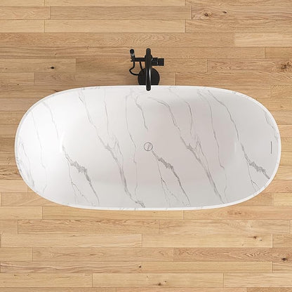 63 '' Stone Resin Freestanding Bathtub, Elegant Oval Shape Soaking Tub, Solid Surface Stand Alone Bathtub with Drain & Without overflow outlet Terrazzo Beige