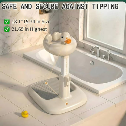 Baby Bath Stand with Built-in Seat - Duck Design - Anti-Slip Base - Baby Shower Stand for Sitting or Standing (White Beige)