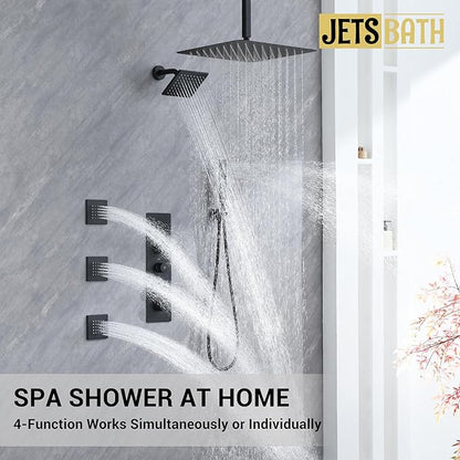 Matte Black Thermostatic Shower System with Body Jets, Ceiling 16” Rainfall Shower & Wall Mount 6-Inch Shower Head Luxury Shower Faucet Set with Handheld Spray, Dual Shower Heads Set