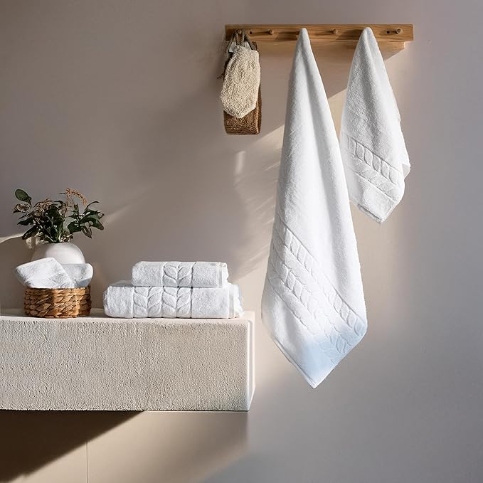 BAGNO MILANO Organic Turkish Cotton Bath Towels, Luxury Jacquard Collection, Certified Organic Highly Absorbent, Soft-Plush Towel Set (White, 6 Pcs Towel Set)