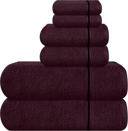 MyOwn Ultra Soft 6 Pack Cotton Towel Set, Contains 2 Bath Towels 28x55 inch, 2 Hand Towels 16x24 inch & 2 Wash Coths 12x12 inch, Ideal Everyday use, Compact & Lightweight - Burgundy