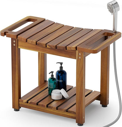 BLUEWEST Shower Bench Seat with Storage Shelf, Natural Wood Shower Benches for Inside Shower to Sit on, Waterproof Bathroom Spa Bench Stool for Legs Shaving with Built-in Handle & Shower Head Holder