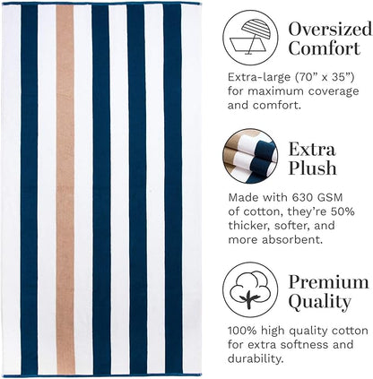Laguna Beach Textile Co. Striped Cabana Beach Towel - Oversized, Plush 630 GSM Cotton - Ocean Blue and Almond Beige