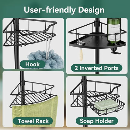 Corner Shower Caddy Tension Pole, 4 Tier Rustproof Shower Tension Rod Organizer, Adjustable 25-125 Inch Bathroom Shower Organizer Shelves for Bathtub Shampoo Storage, Black