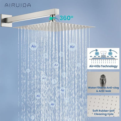 Airuida Shower Faucet Set Bathroom Rain Shower System SUS304 Stainless Steel Single Handle With Male Threads Rough-in Valve Shower Trim Kit 12 Inch Wall Mount Shower Head Brushed Nickel