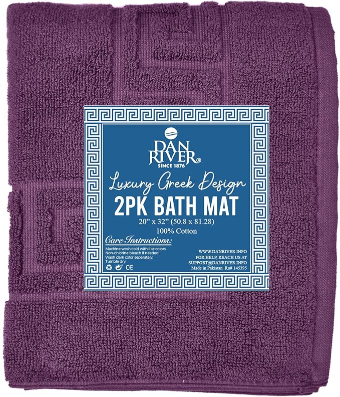 DAN RIVER Greek Cotton Bath Mats Set of 2 – Not a Bathroom Rug, Ultra Soft, Highly Absorbent & Machine Washable Bath Mat Towel for Bathroom Floor Mat – Durable, Quick-Dry, 21x34 Inches, Purple