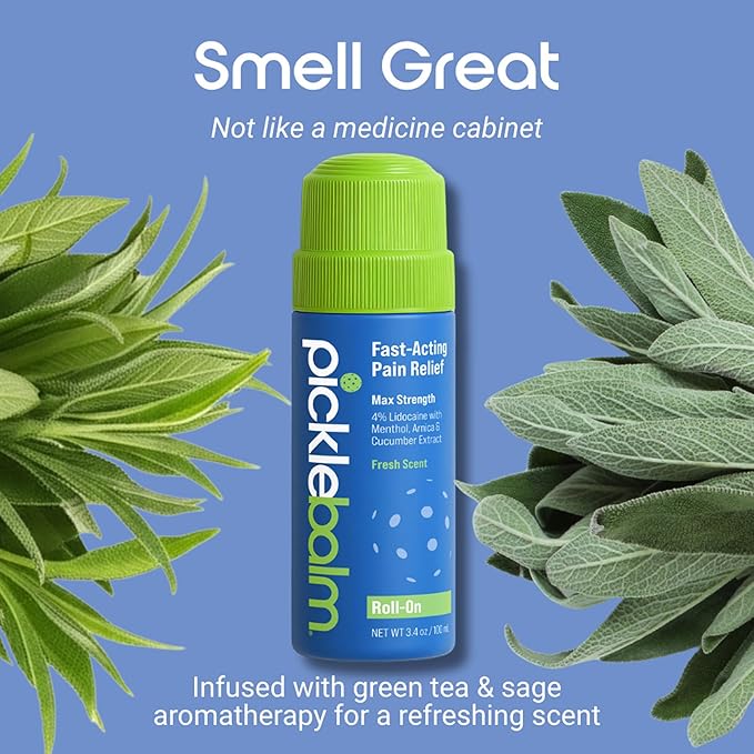 PickleBalm Pickleball In-Game Muscle Pain Relief Roll-On with 4% Lidocaine, Arnica, Menthol, Cucumber Seed Extract for Shoulders, Knees, Wrists, and More, 3.4oz Roll-On Applicator