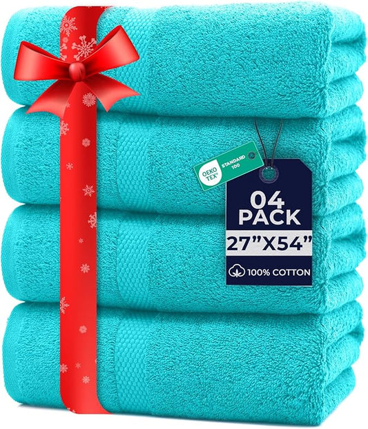 DAN RIVER Bath Towels Set of 4, 27 x 54 Inches, 100% Cotton, Larger & Lighter Weight, Quicker to Dry, Super Soft and Absorbent, Ideal Aqua Bath Towels for Daily Use