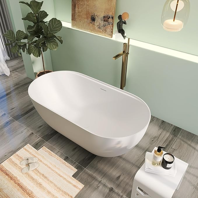 59" Premium Solid Surface Freestanding Bathtub With Black Acrylic Shelf, Modern Soaking Deep Stone Resin Tub with Overflow and Pop-up Drain, Matte White