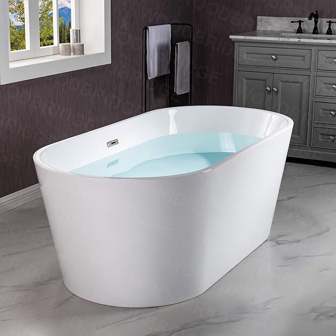 WOODBRIDGE Acrylic Freestanding Bathtub Contemporary Soaking Tub Overflow and Drain, BTA1514-C,White, 59" Chrome