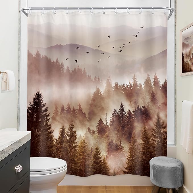 Riyidecor Foggy Mountain Shower Curtain 60Wx72H Inch Abstract Woodland Misty Nature Scenery National Park Scene Rustic Tree Landscape Natural Bathroom Decor Fabric Polyester Waterproof 12 Pack Hooks