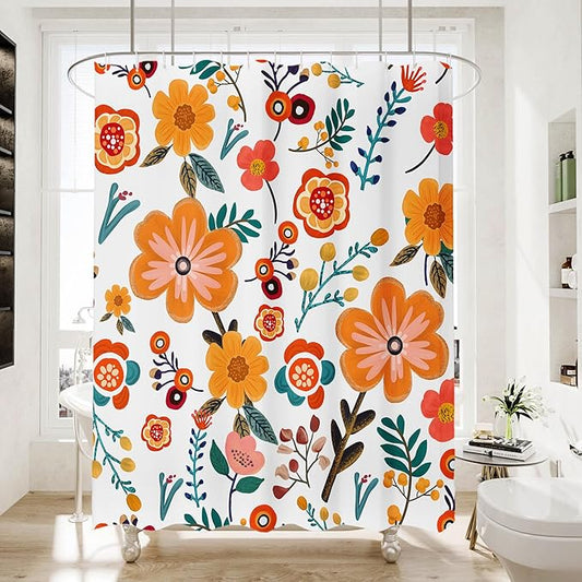 Bohemian Shower Curtain, Boho Floral Print Water Repellent Polyester Fabric for Bathroom Decor, 72×72 Inch Standard Size with 12 Hooks, Also as Room Divider